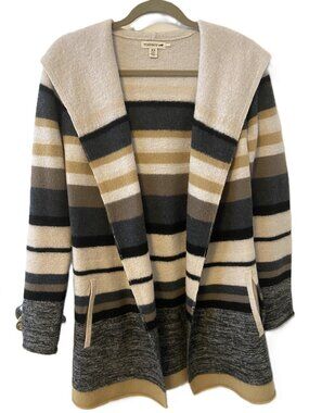 Toad&Co Striped Hooded Open Stevie Cardigan - Beige, Black & Brown
